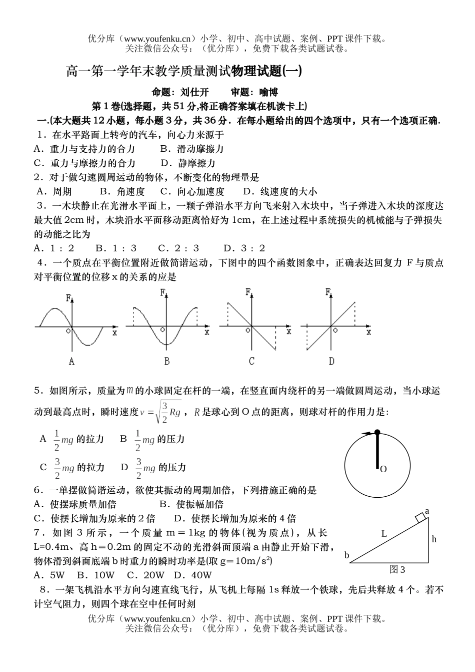高中一年级物理第一学年末教学质量测试卷_第1页