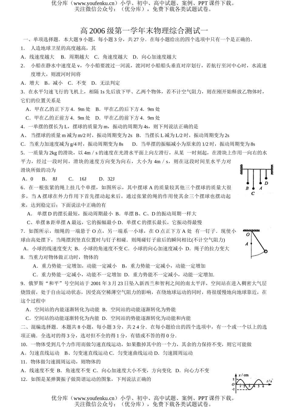 高中一年级物理第一学期期末综合测试卷_第1页