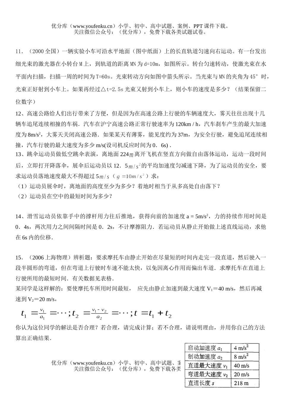 高中一年级物理必修直线运动提高题试卷_第3页