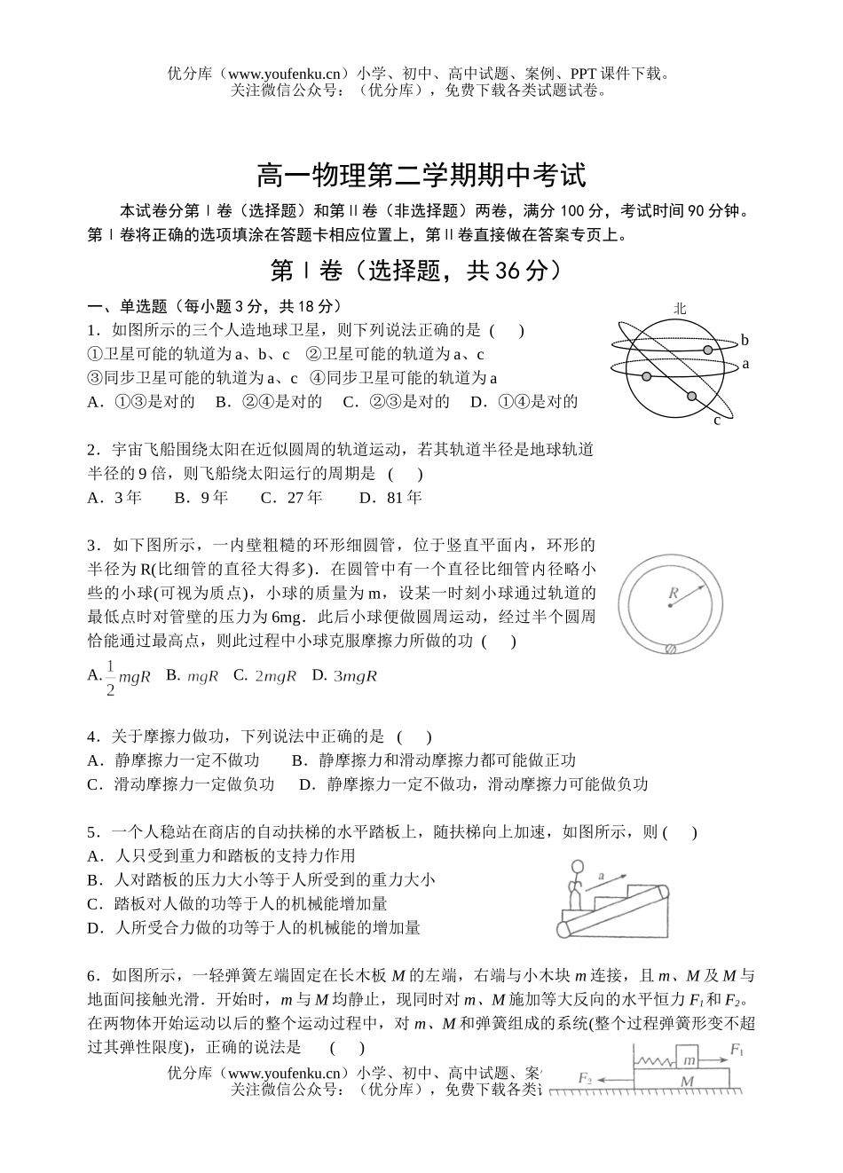 高中一年级物理第二学期期中考试卷_第1页