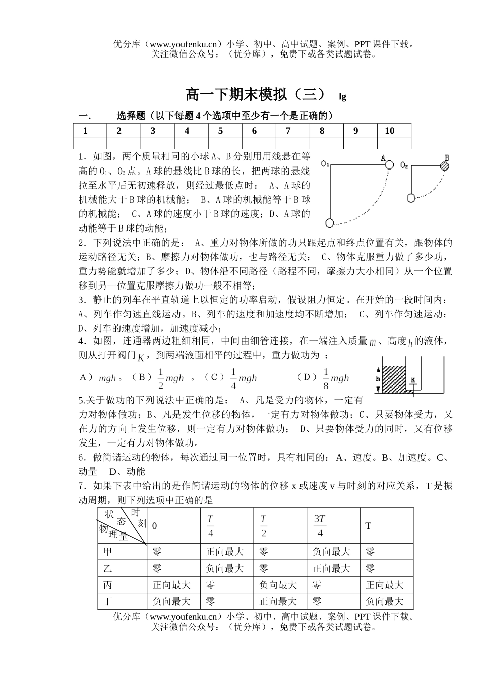 高中一年级物理下期末模拟(三)试卷_第1页