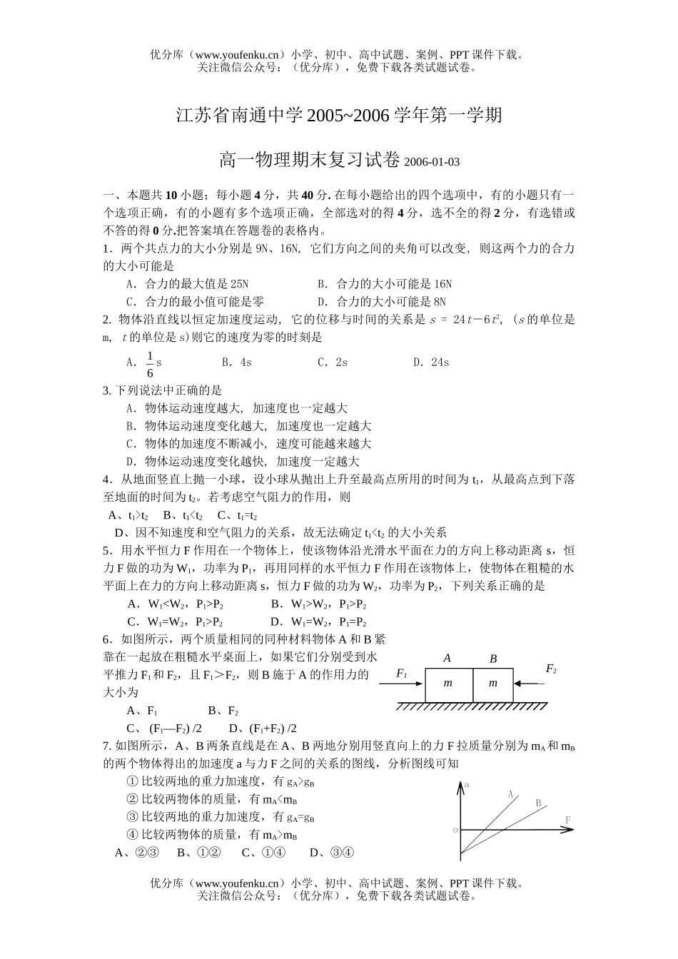 高中一年级物理第一学期期末复习试卷_第1页