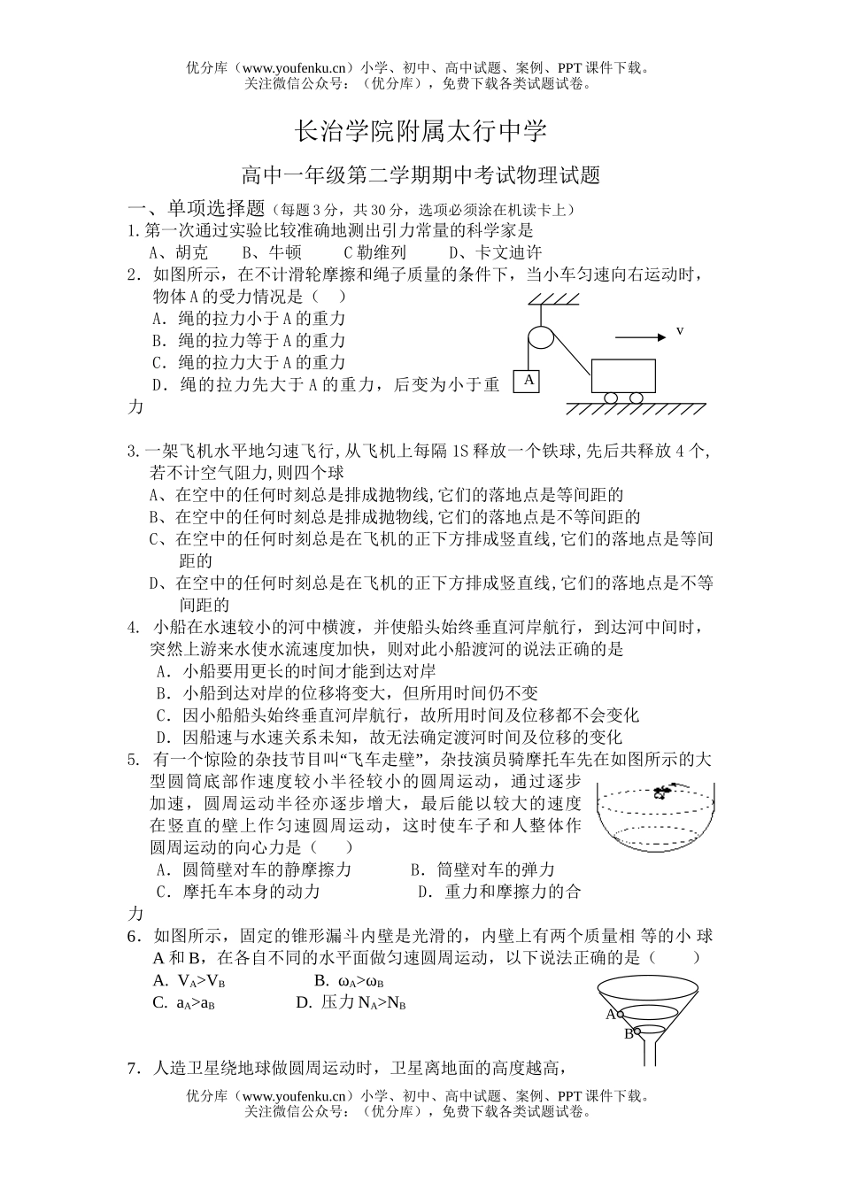 高中一年级物理第二学期期中考试卷_第1页