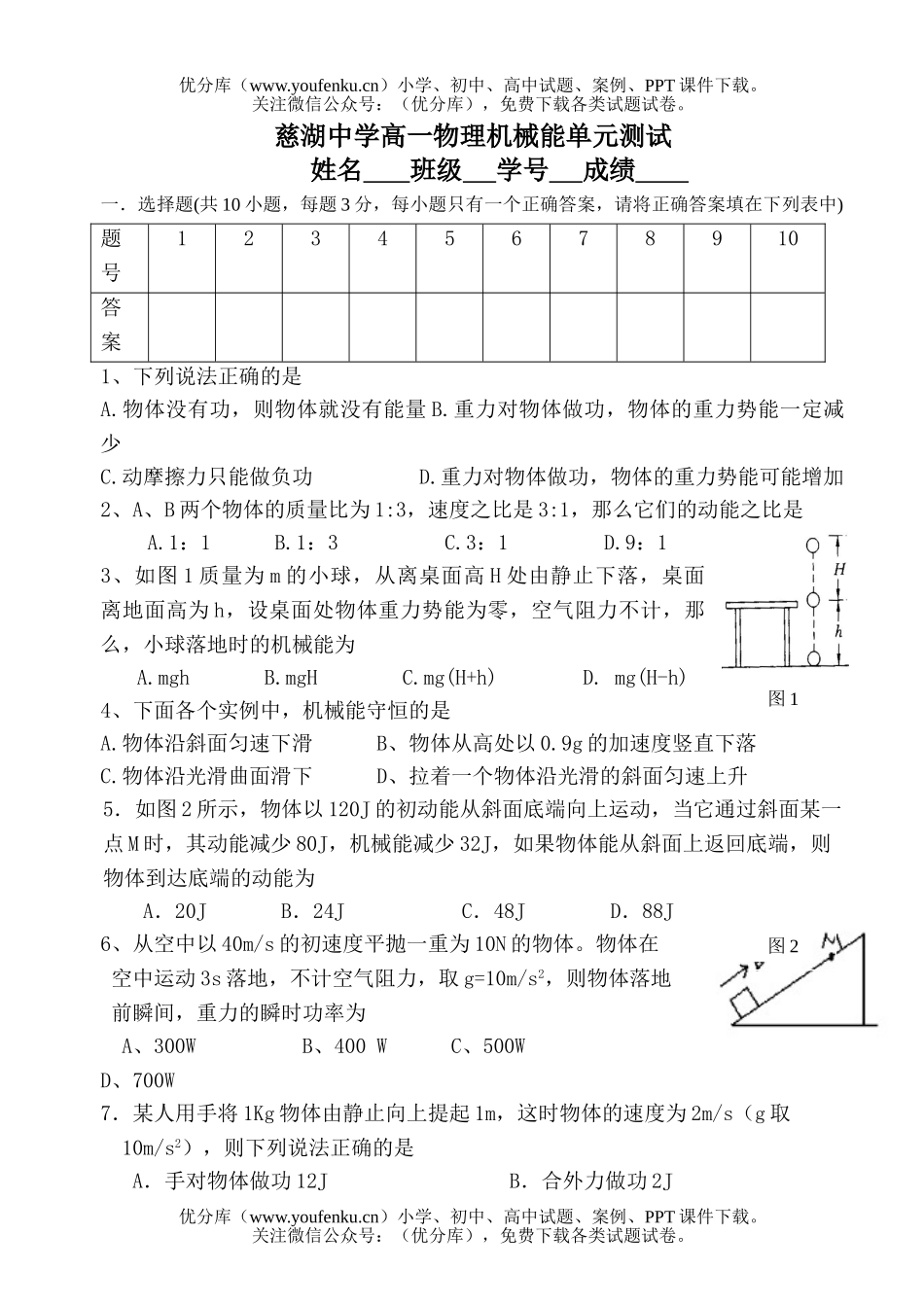 高中一年级物理机械能单元测试卷_第1页