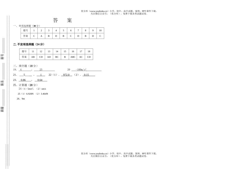 高中一年级物理芦溪中学2009级第三学月考试卷_第2页
