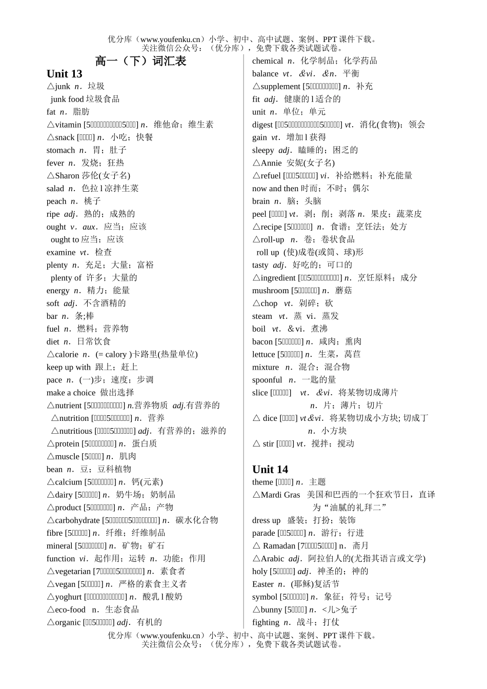 高中一年级英语人教版教材(下)词汇表[按单元顺序]试卷_第1页