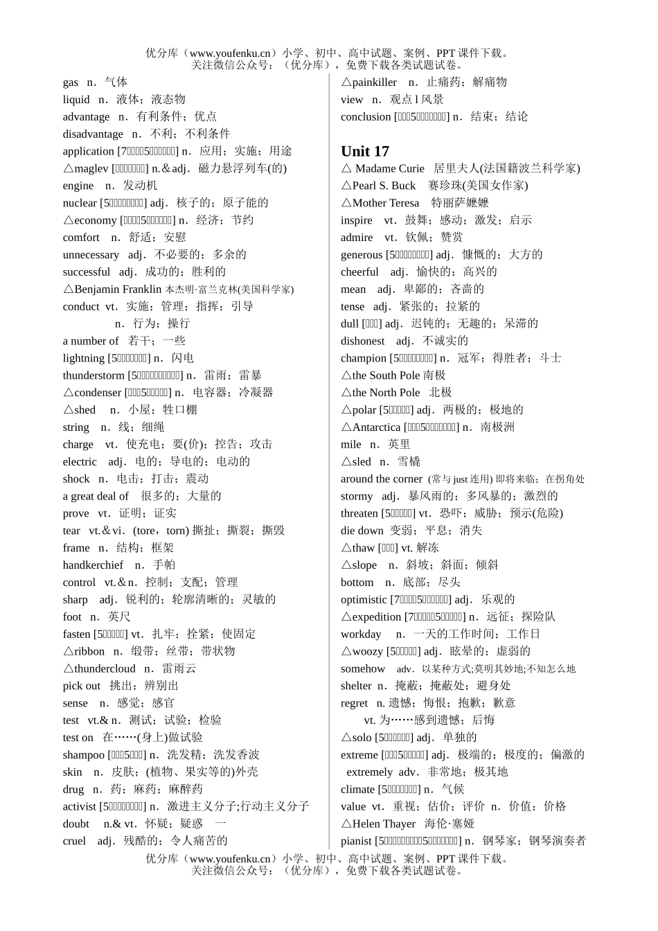 高中一年级英语人教版教材(下)词汇表[按单元顺序]试卷_第3页