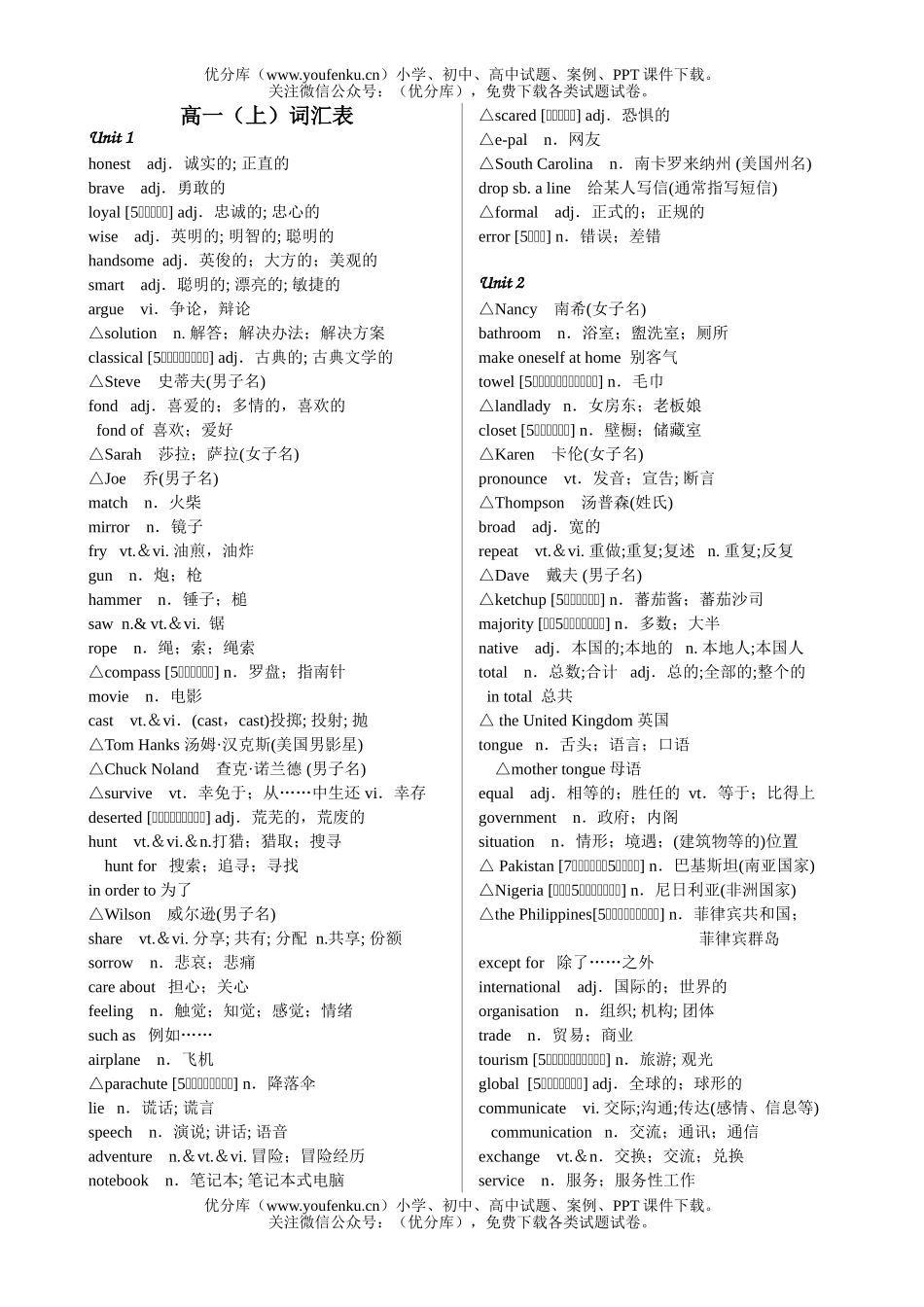 高中一年级英语人教版(上)词汇表 [按单元顺序]试卷_第1页