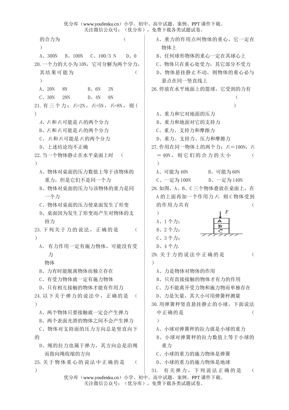 高中一年级物理力和力的平衡试卷_第3页