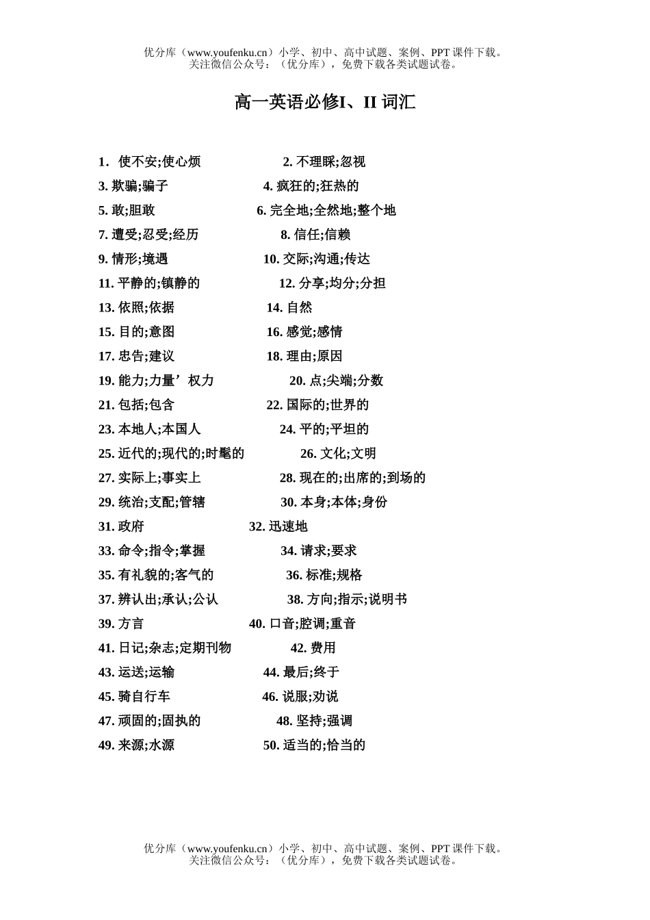 高中一年级英语必修I、II 词汇试卷_第1页
