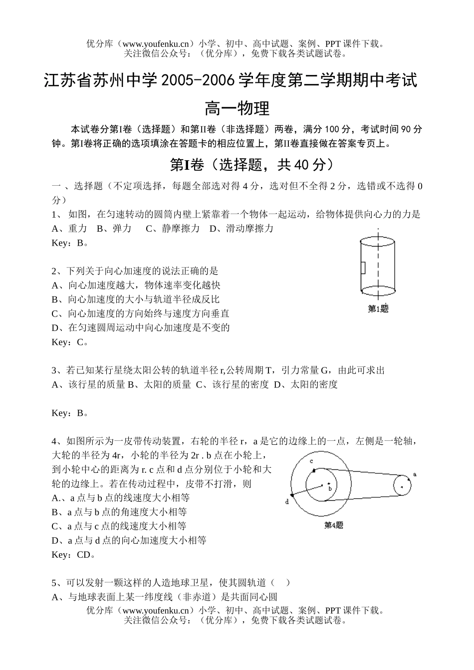 高中一年级物理江苏省苏州中学第二学期期中考试卷_第1页