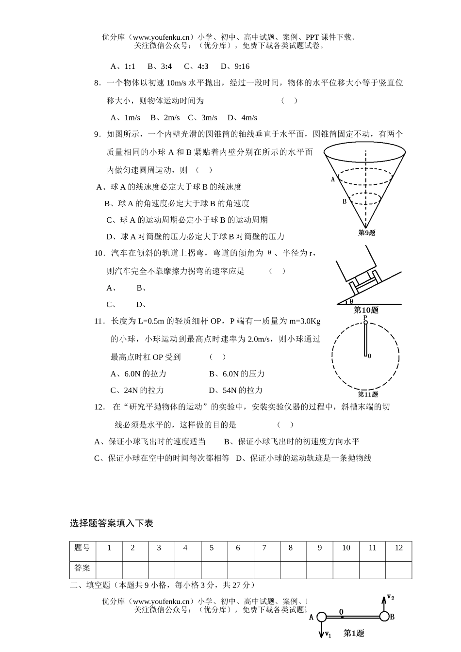 高中一年级物理曲线运动1试卷_第2页