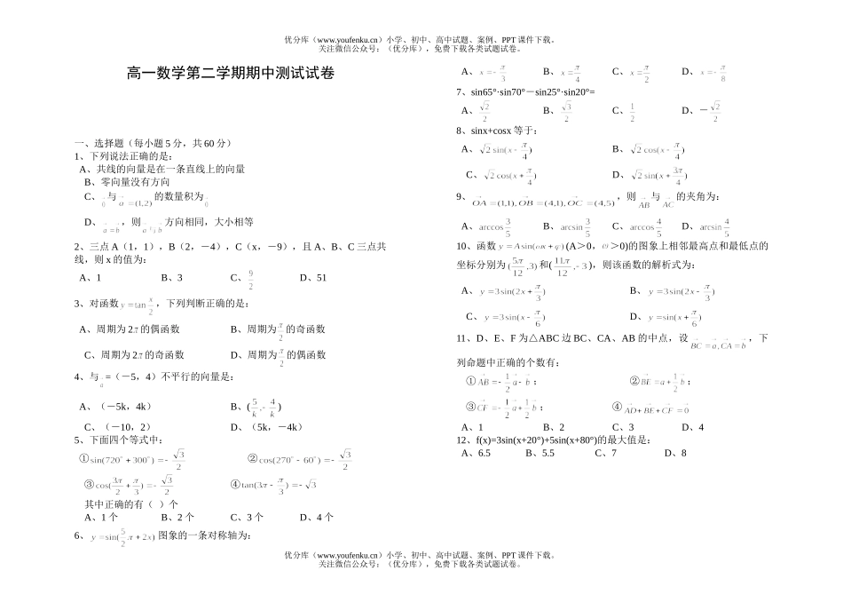 高中一年级数学第二学期期中测试卷_第1页