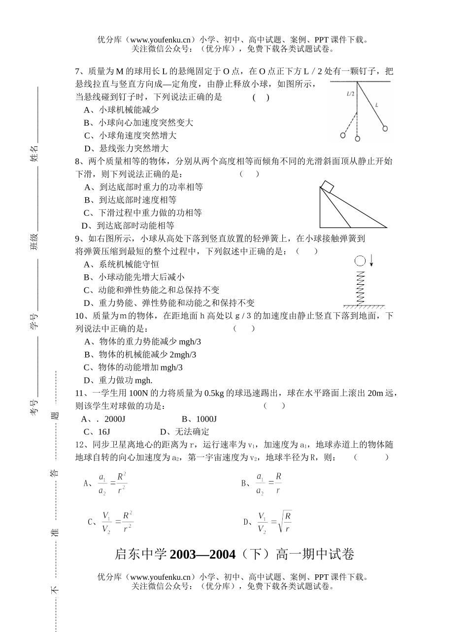 高中一年级物理启东中学期中考试卷_第2页