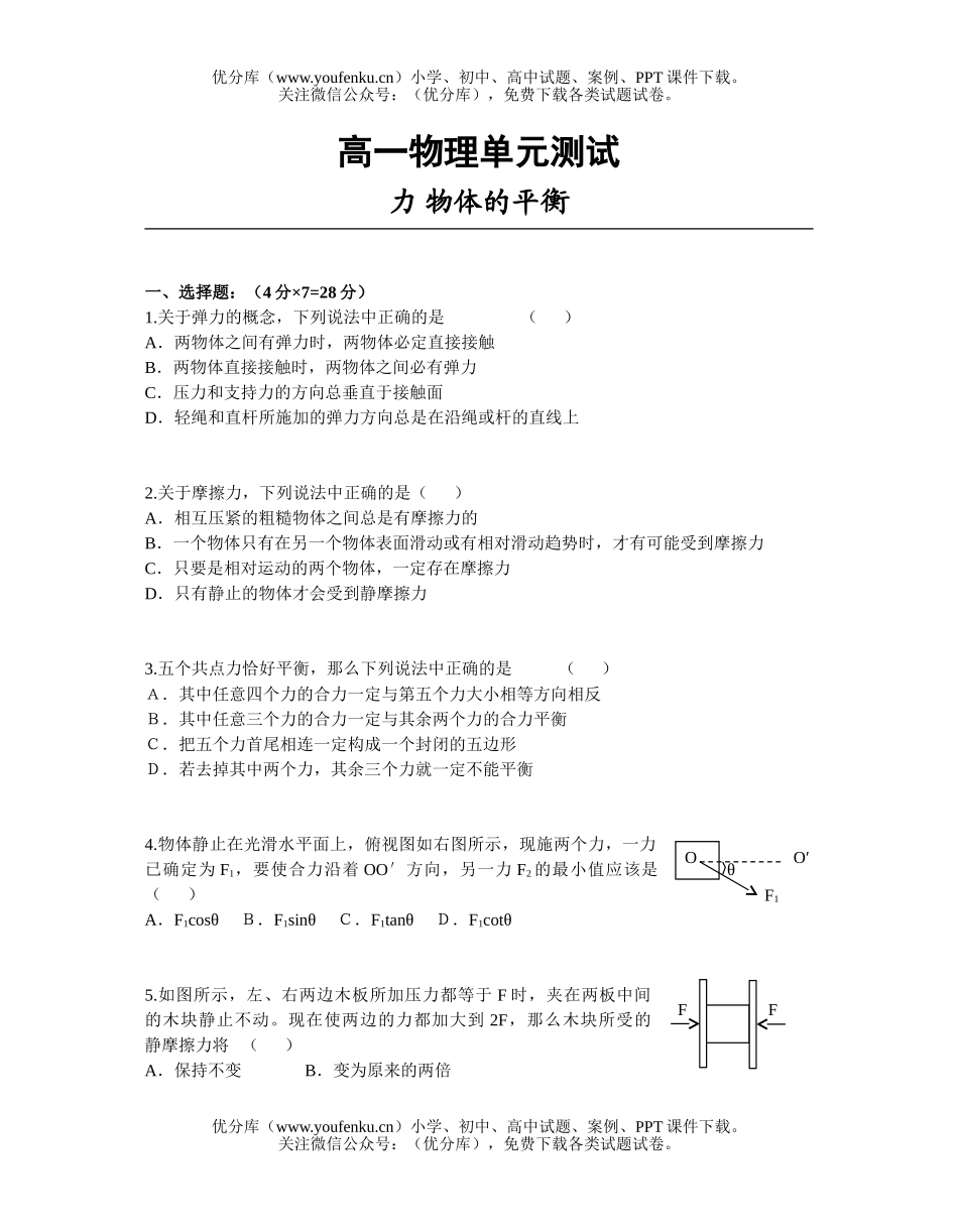 高中一年级物理力 物体的平衡试卷_第1页