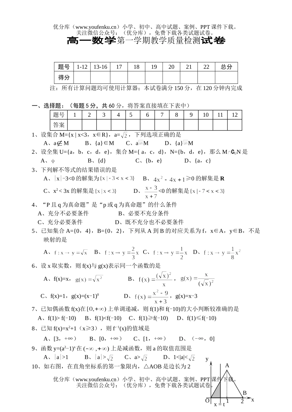 高中一年级数学第一学期教学质量检测试卷_第1页