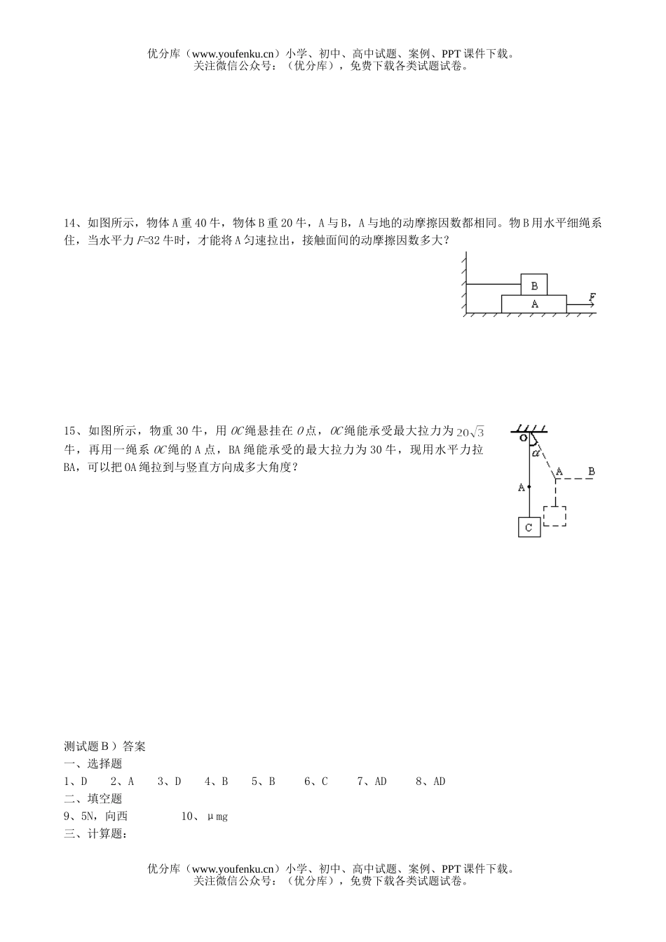 高中一年级物理《力、物体的平衡》目标测试 (B)试卷_第2页