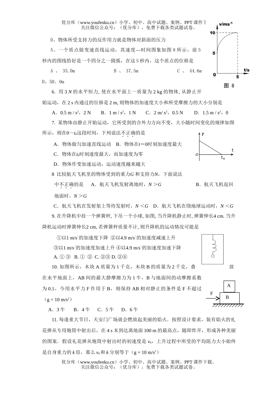 高中一年级物理第一学期末教学质量测试卷_第2页