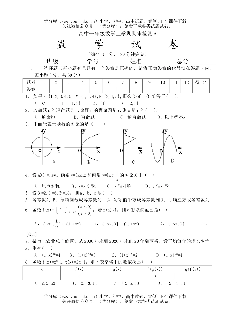 高中一年级数学上学期期末检测A试卷_第1页