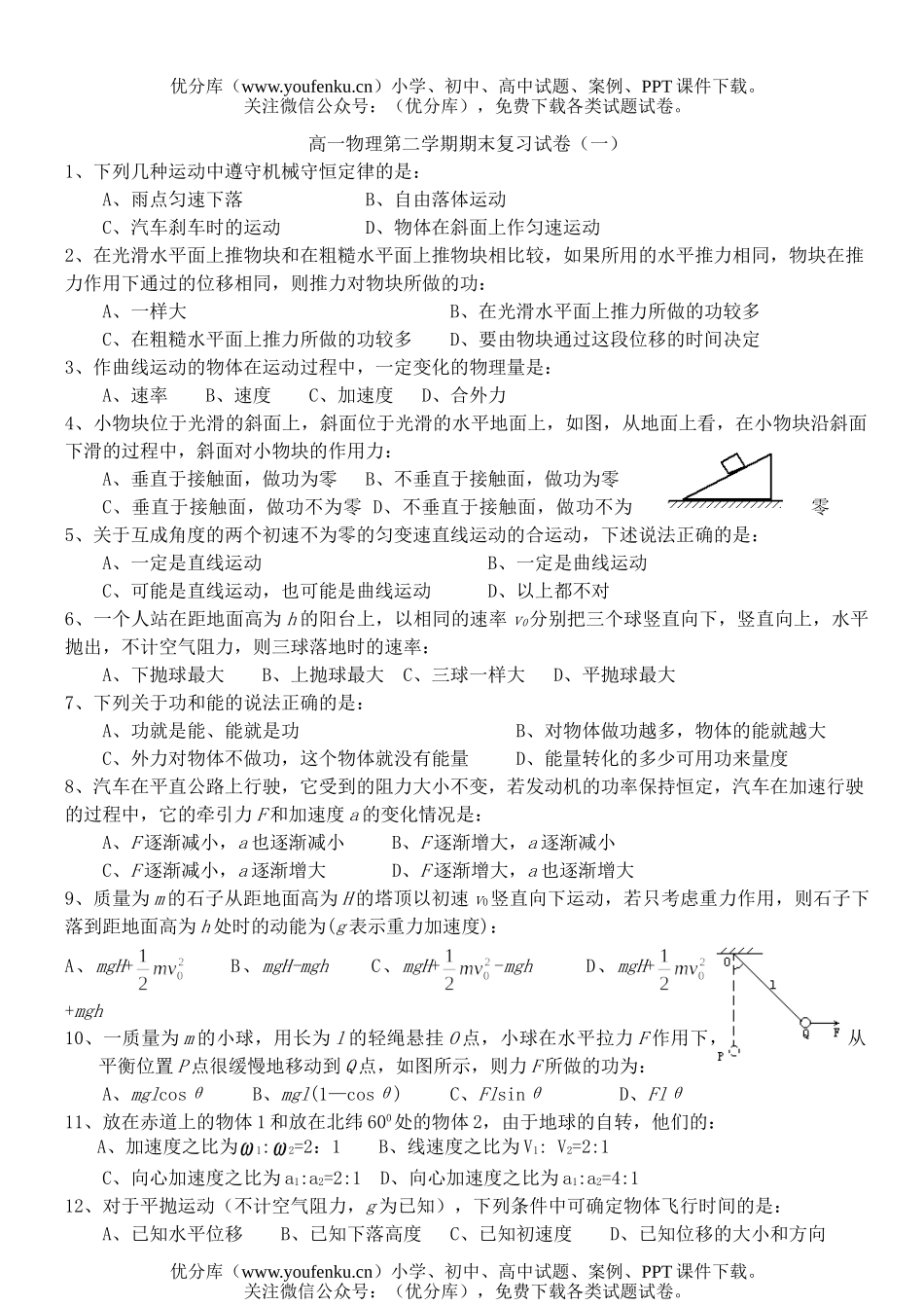 高中一年级物理第二学期期末复习(一)试卷_第1页