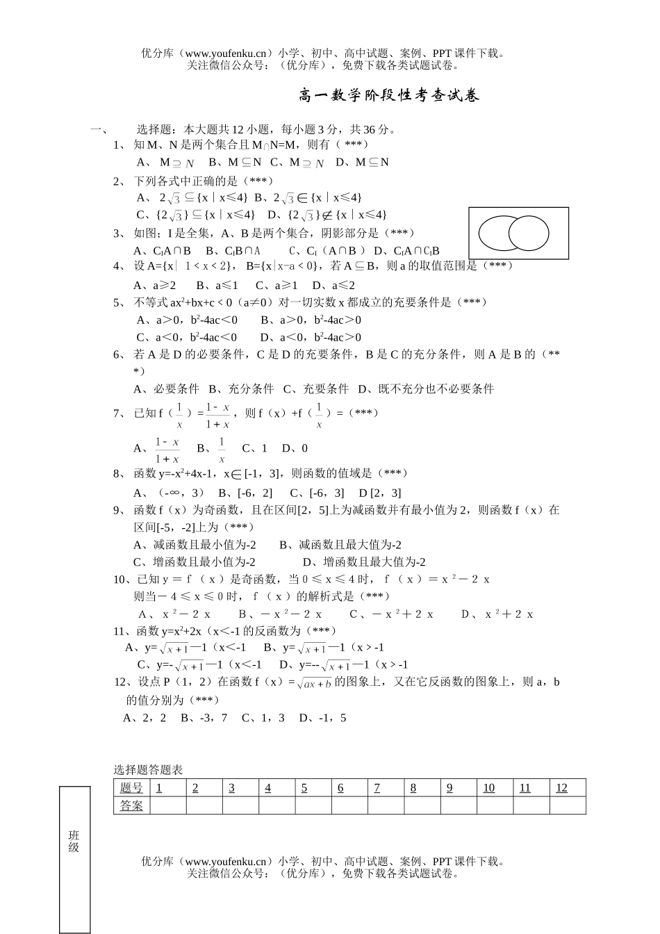 高中一年级数学阶段性考查试卷_第1页