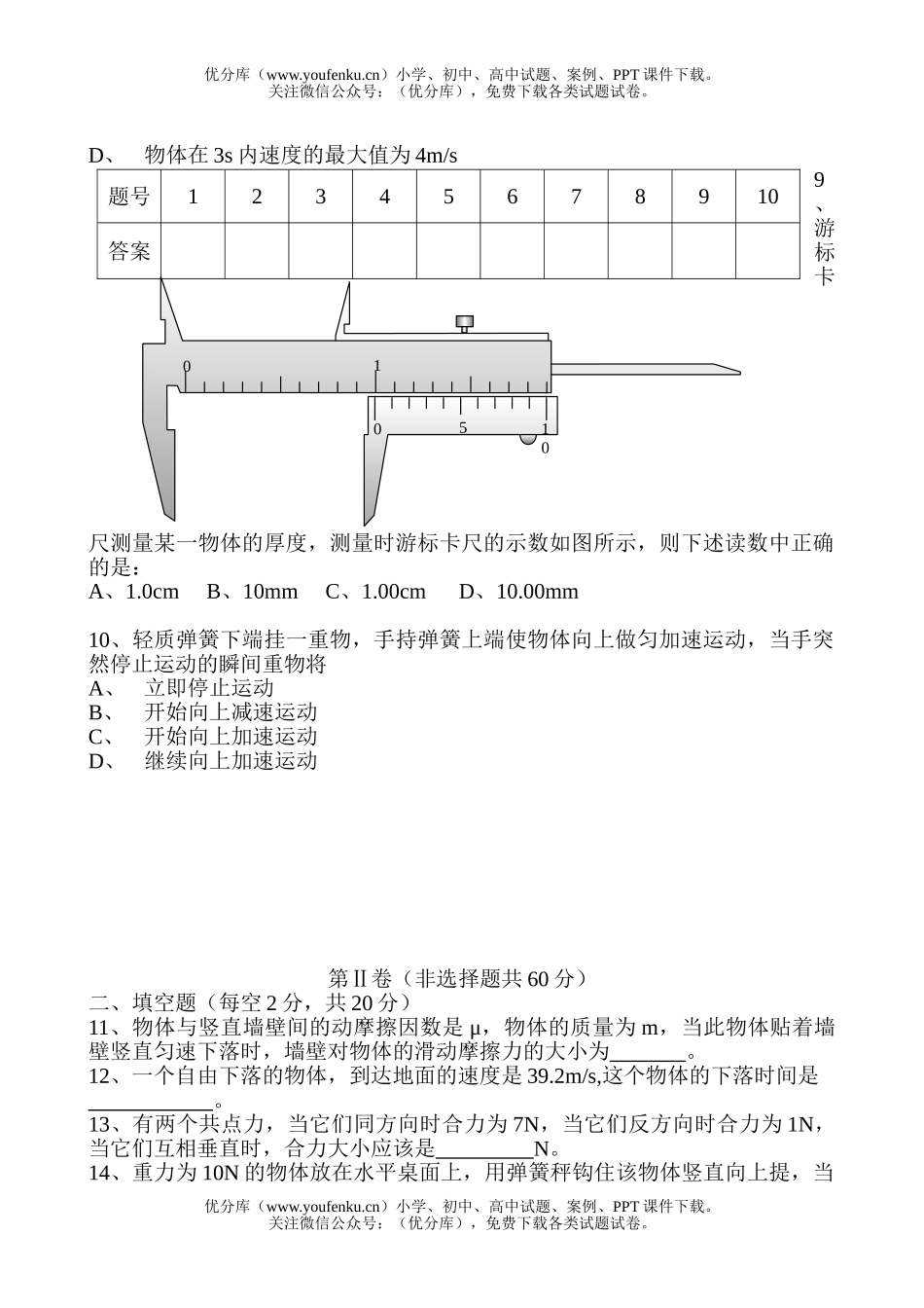 高中一年级物理高第一学期期末质量抽测试卷_第2页