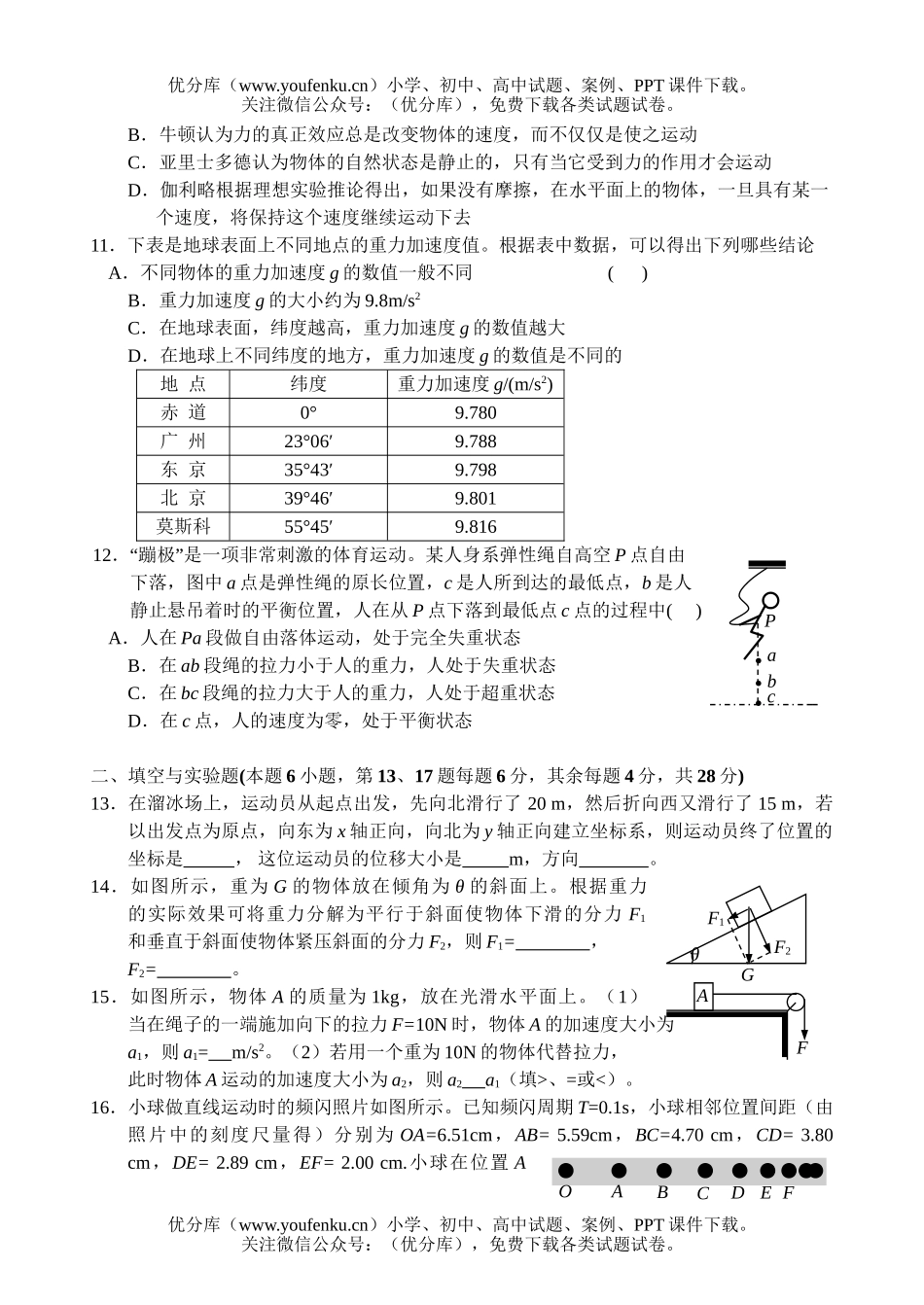 高中一年级物理上学期期末测试卷_第3页