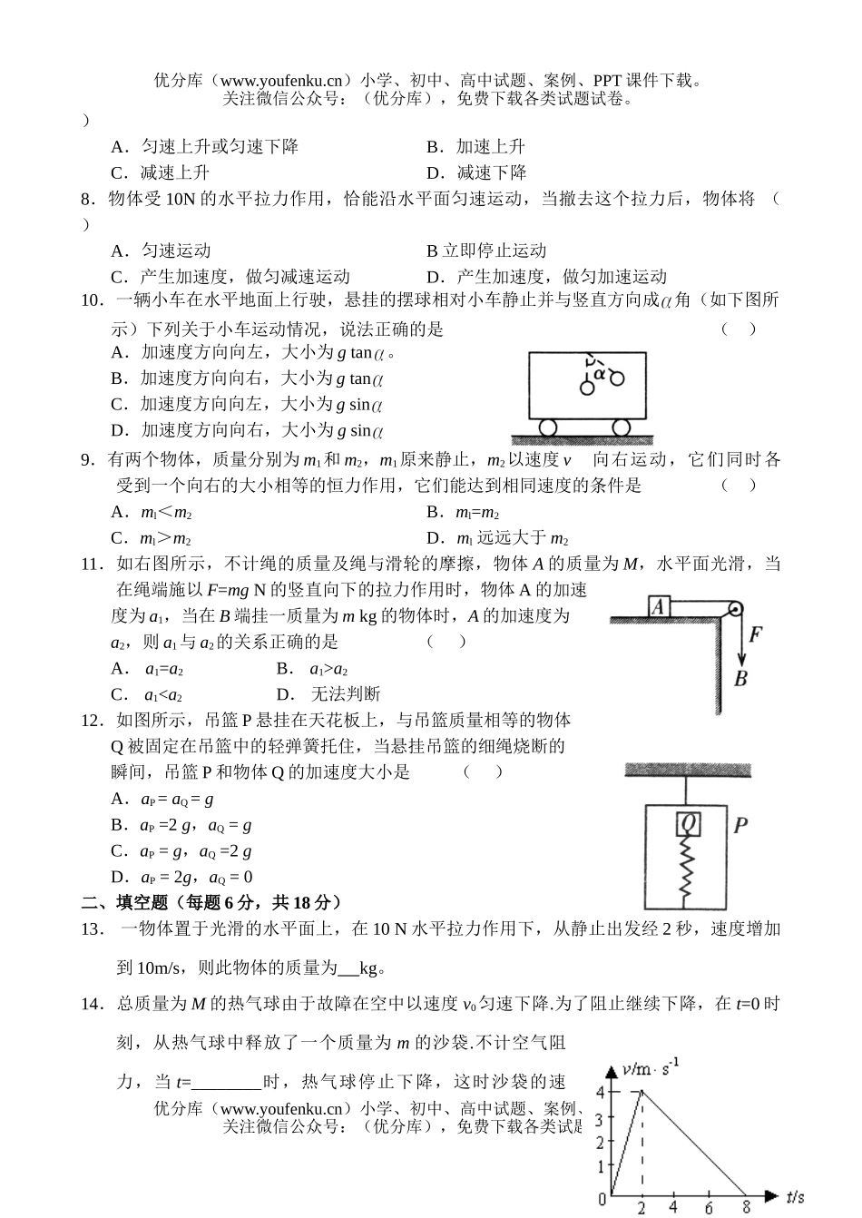 高中一年级物理牛顿运动定律同步测试1试卷_第2页