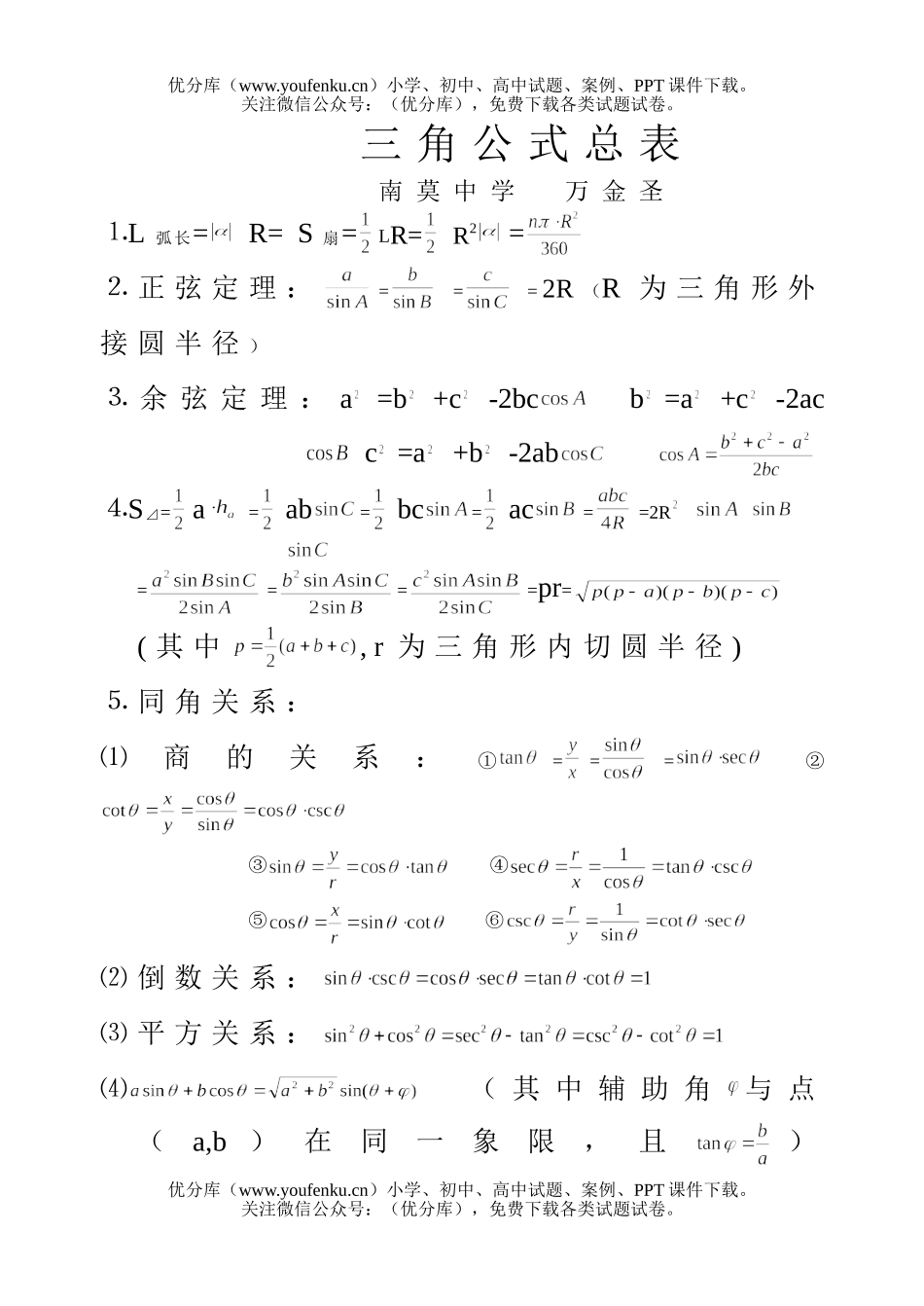 高中一年级数学三角公式总表试卷_第1页