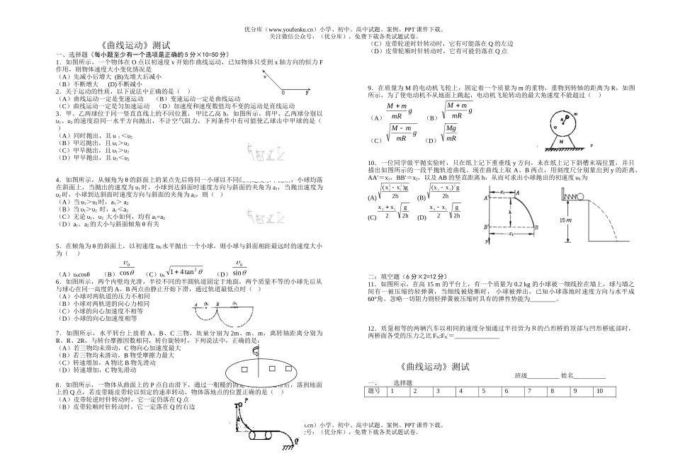 高中一年级物理《曲线运动》测试卷_第1页