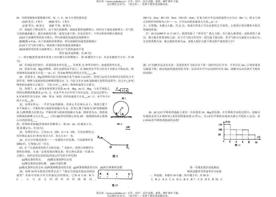 高中一年级物理第一学期末教学质量测试卷_第2页