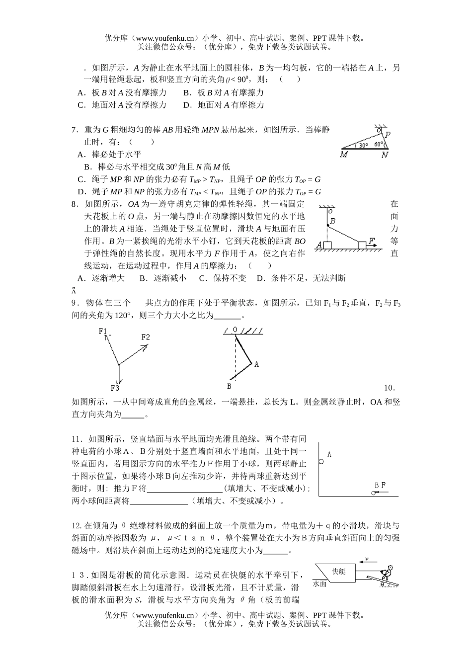 高中一年级物理物体的平衡试卷_第1页