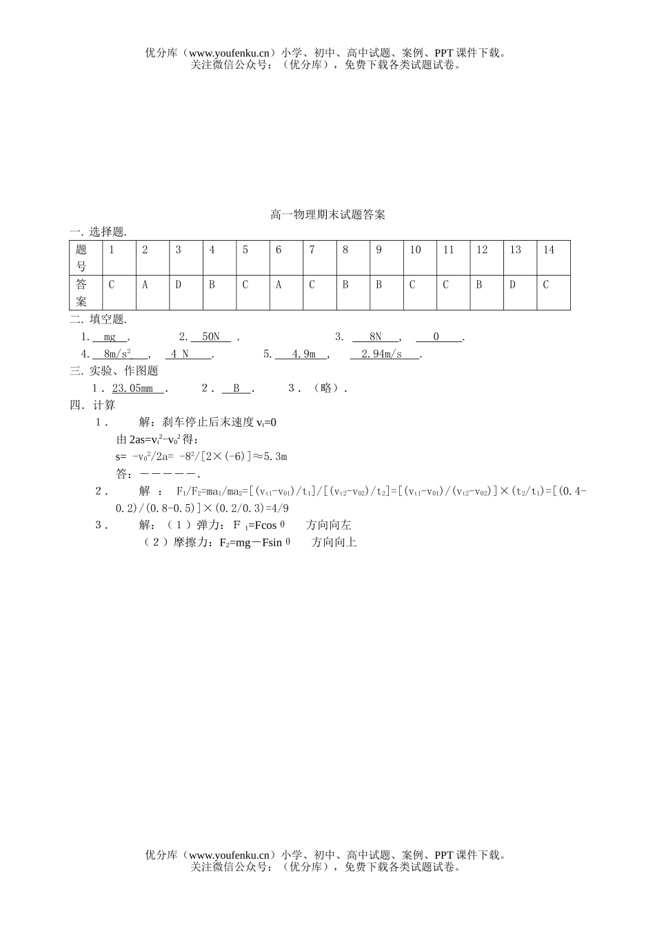 高中一年级物理第一学期期终试卷_第3页