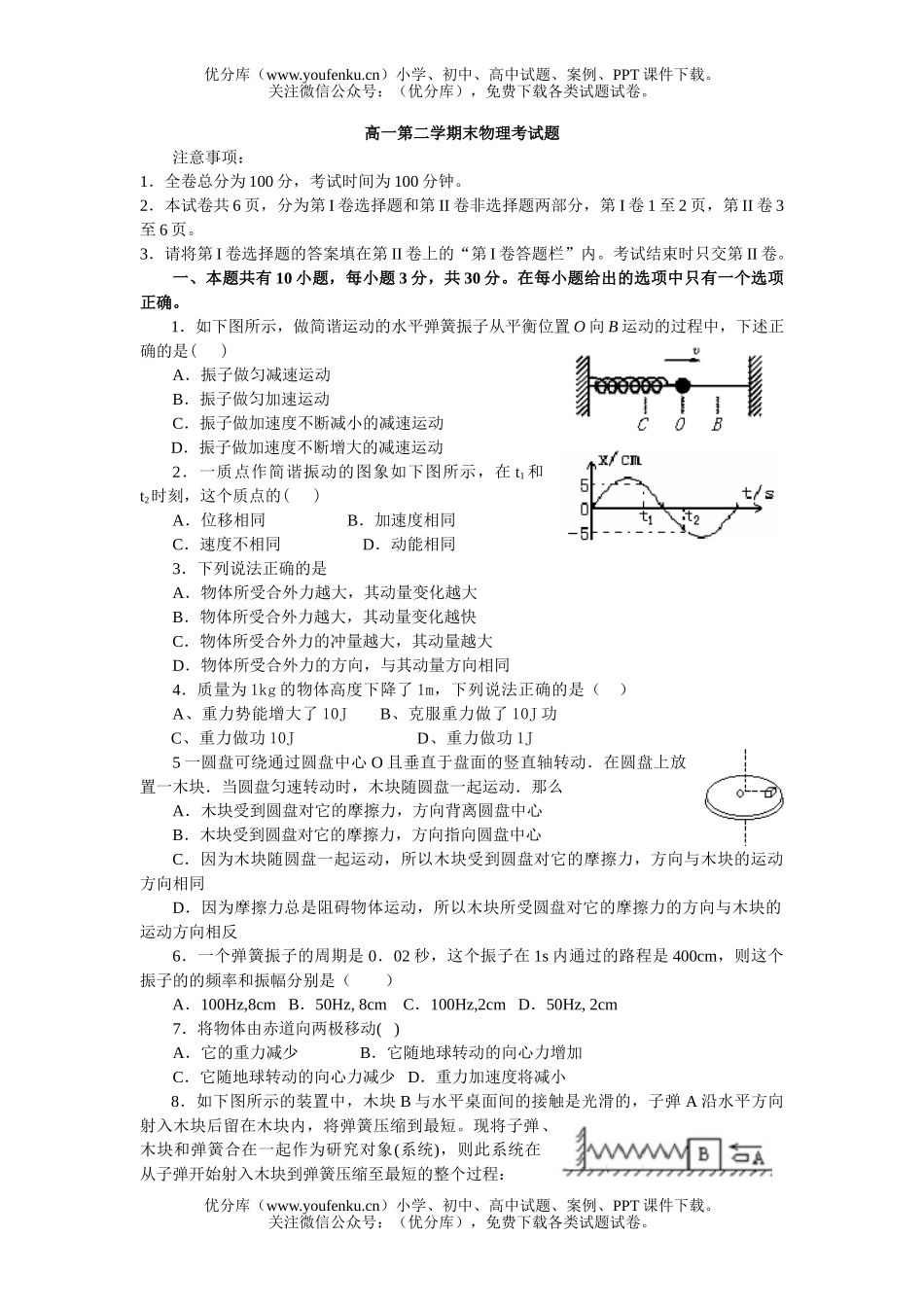 高中一年级物理第二学期末考试卷_第1页