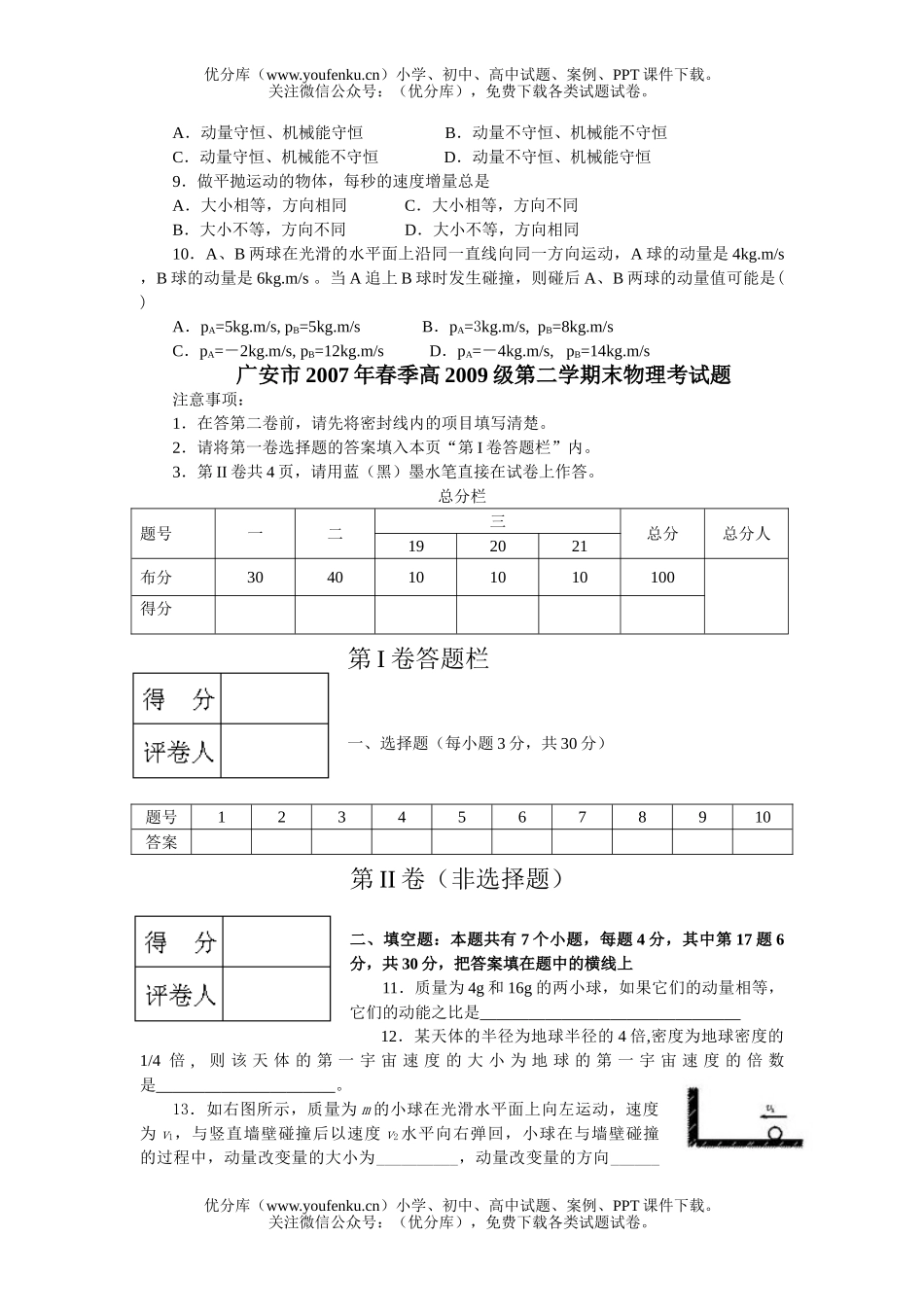 高中一年级物理第二学期末考试卷_第2页