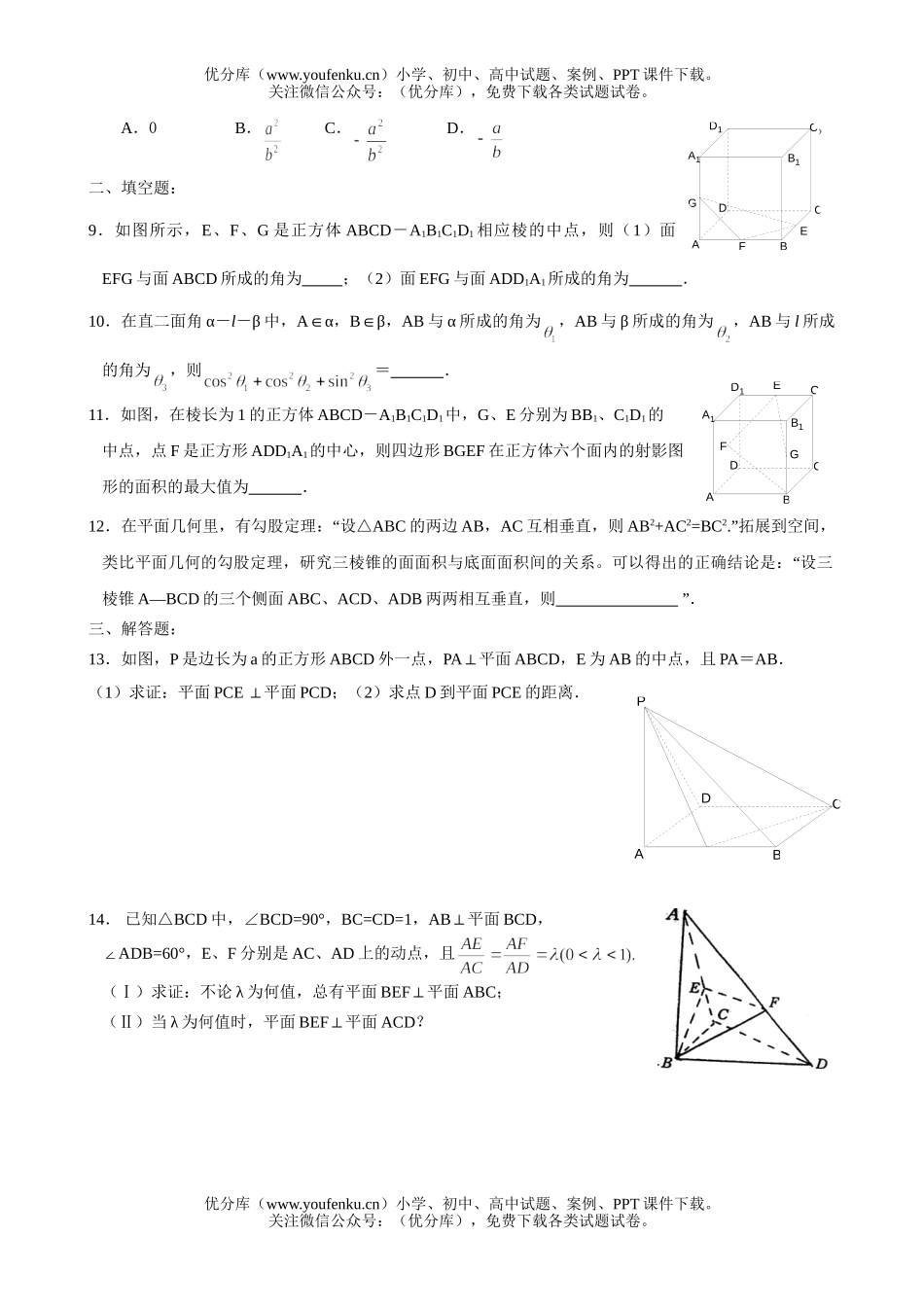 高中一年级数学直线与平面复习(三)—平面与平面试卷_第2页