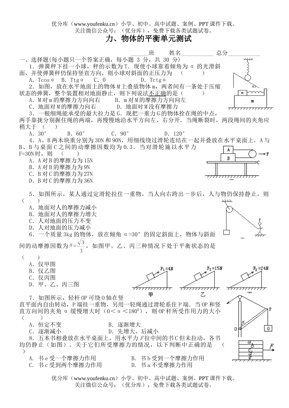 高中一年级物理力与物体的平衡试卷_第1页