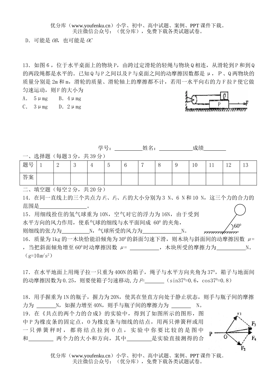 高中一年级物理级单元考试卷_第3页