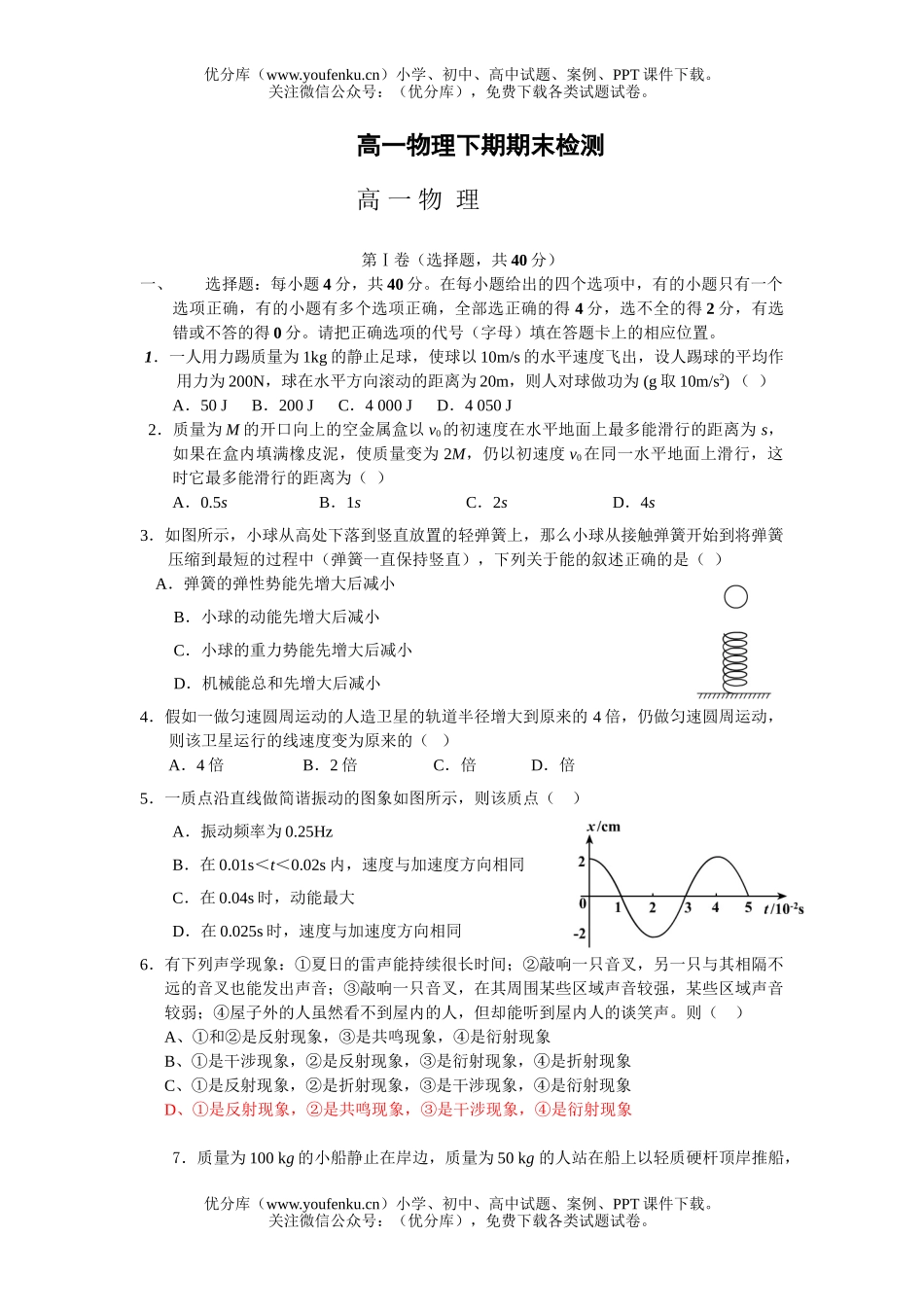 高中一年级物理下期期末检测试卷_第1页