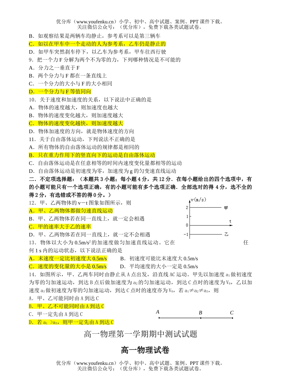 高中一年级物理第一学期期中测试卷_第2页