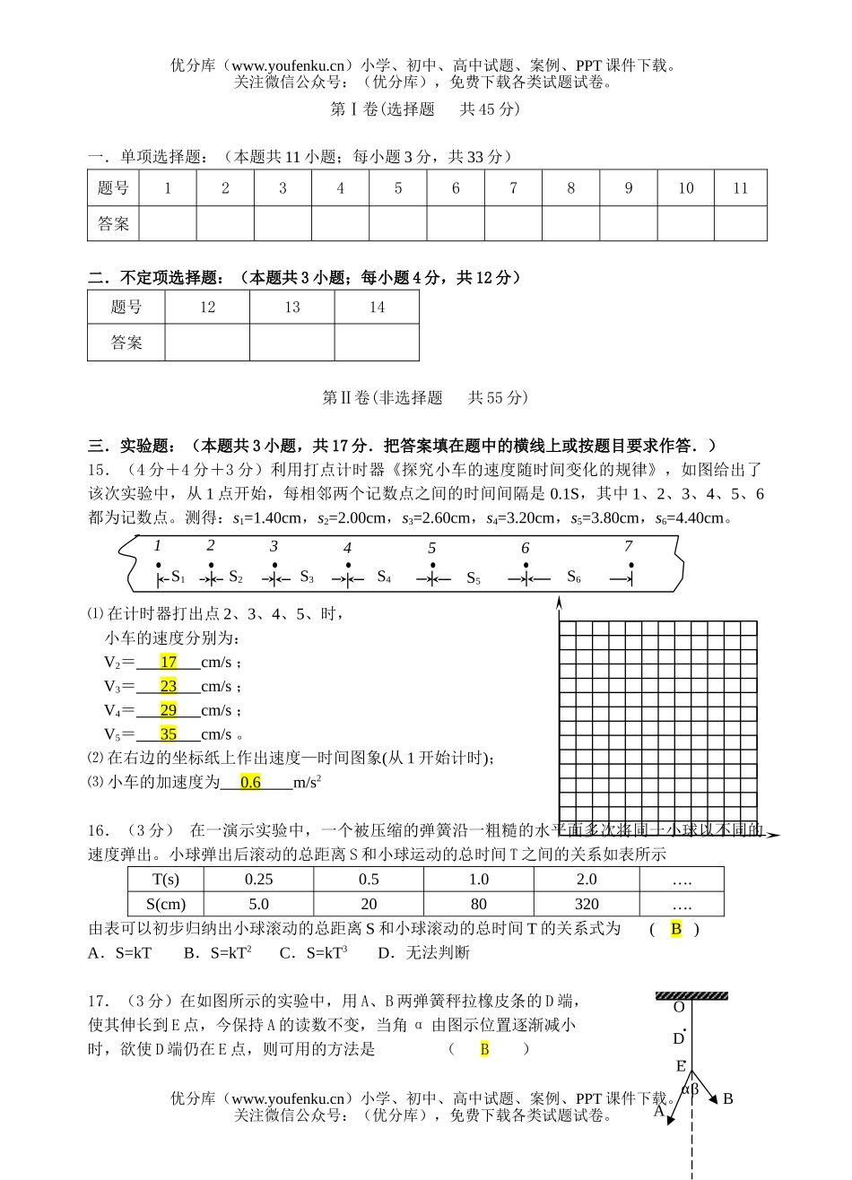 高中一年级物理第一学期期中测试卷_第3页