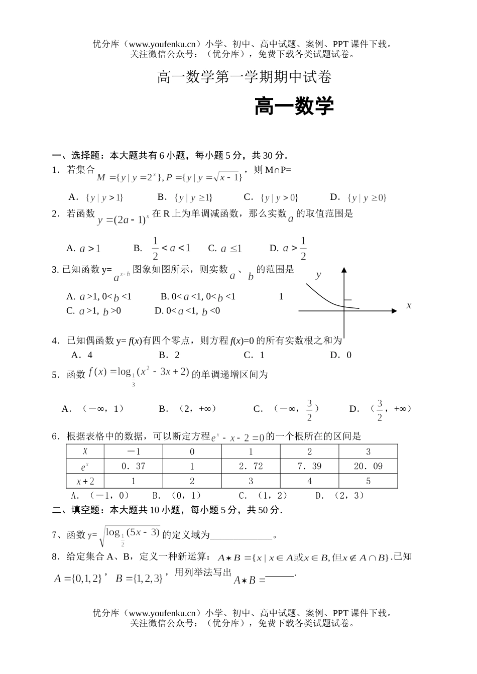 高中一年级数学第一学期期中1试卷_第1页