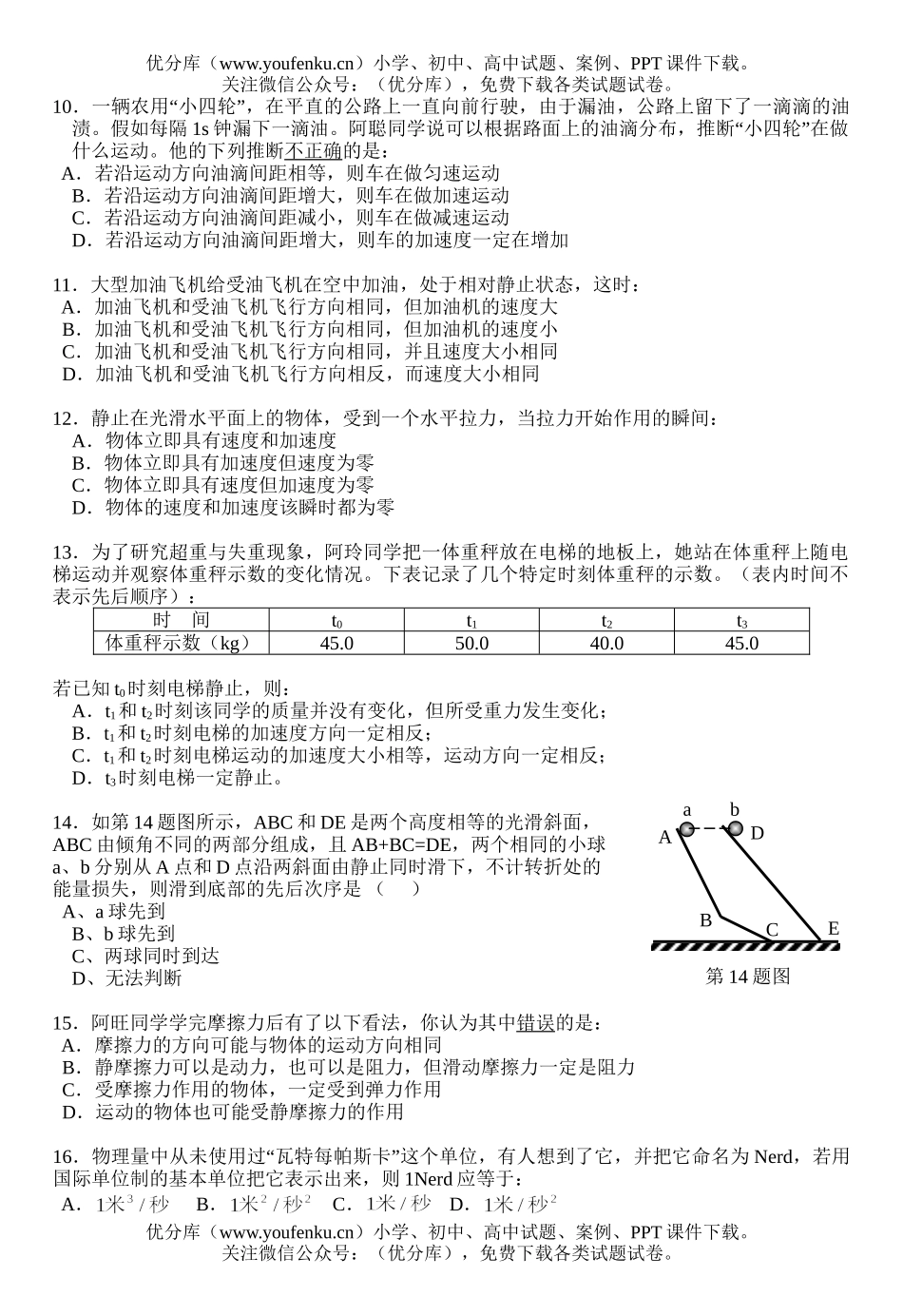 高中一年级物理第一学期教学质量检查试卷_第2页