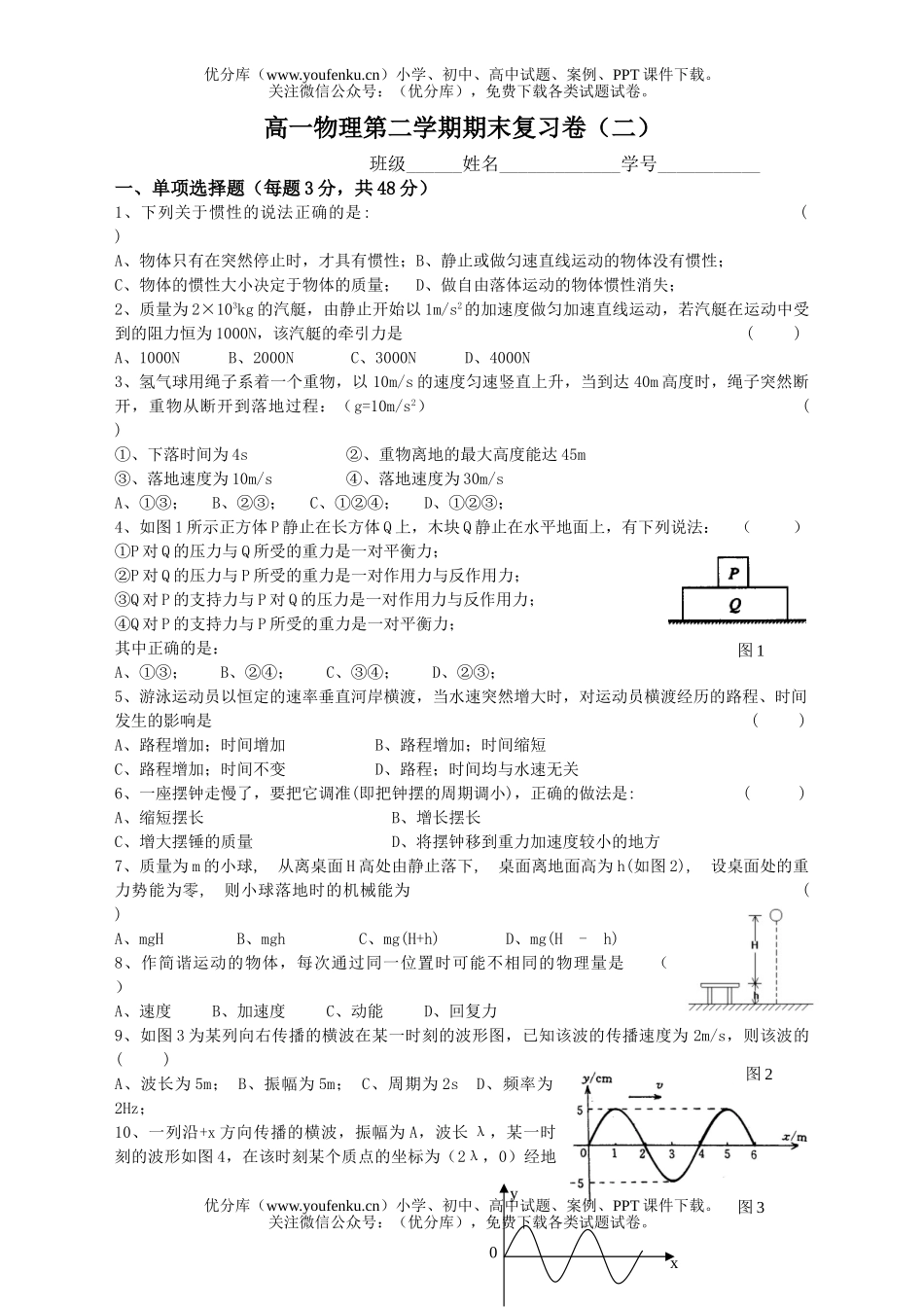 高中一年级物理第二学期期末复习卷2试卷_第1页