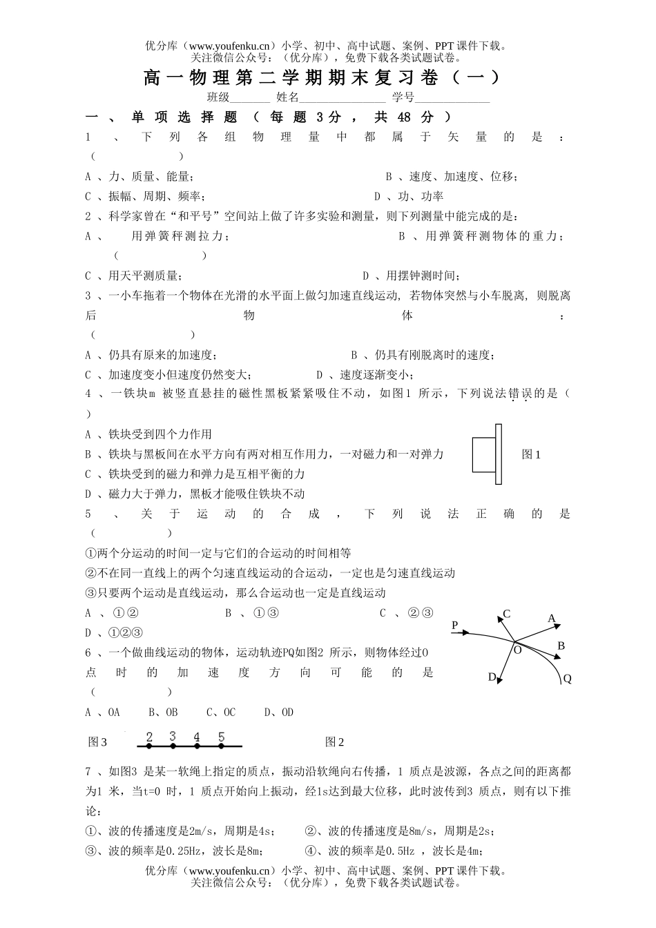 高中一年级物理第二学期期末复习卷1试卷_第1页