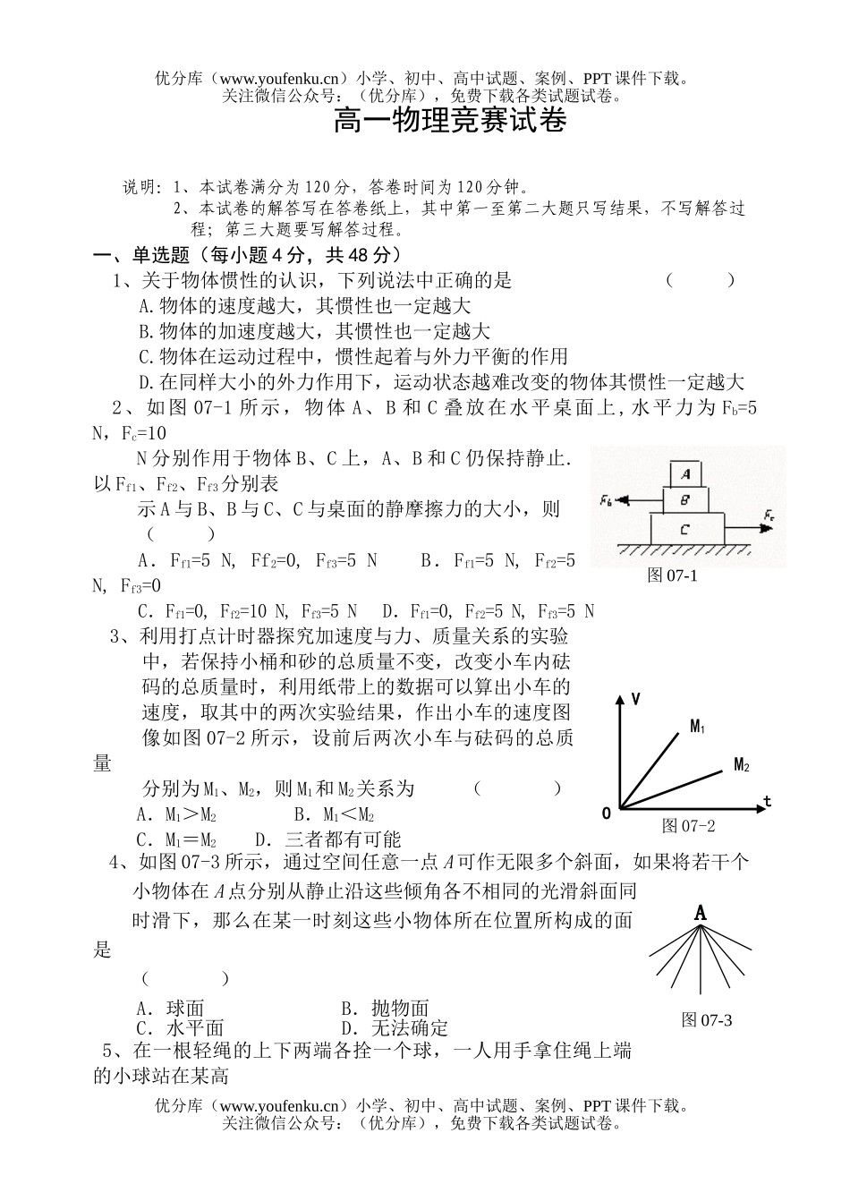 高中一年级物理竞赛试卷_第1页