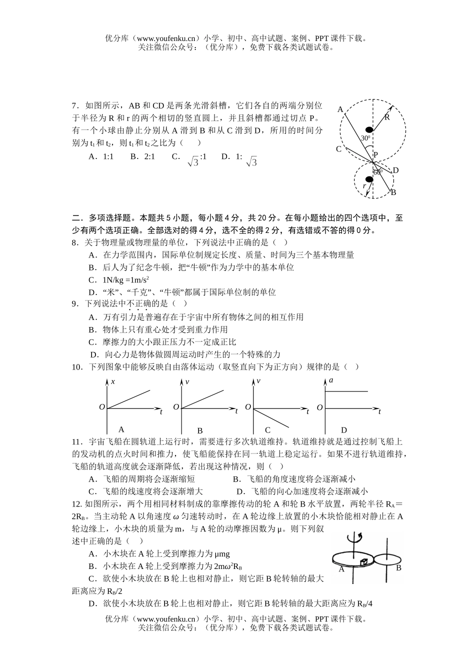 高中一年级物理第一学期期末调研测试2试卷_第2页