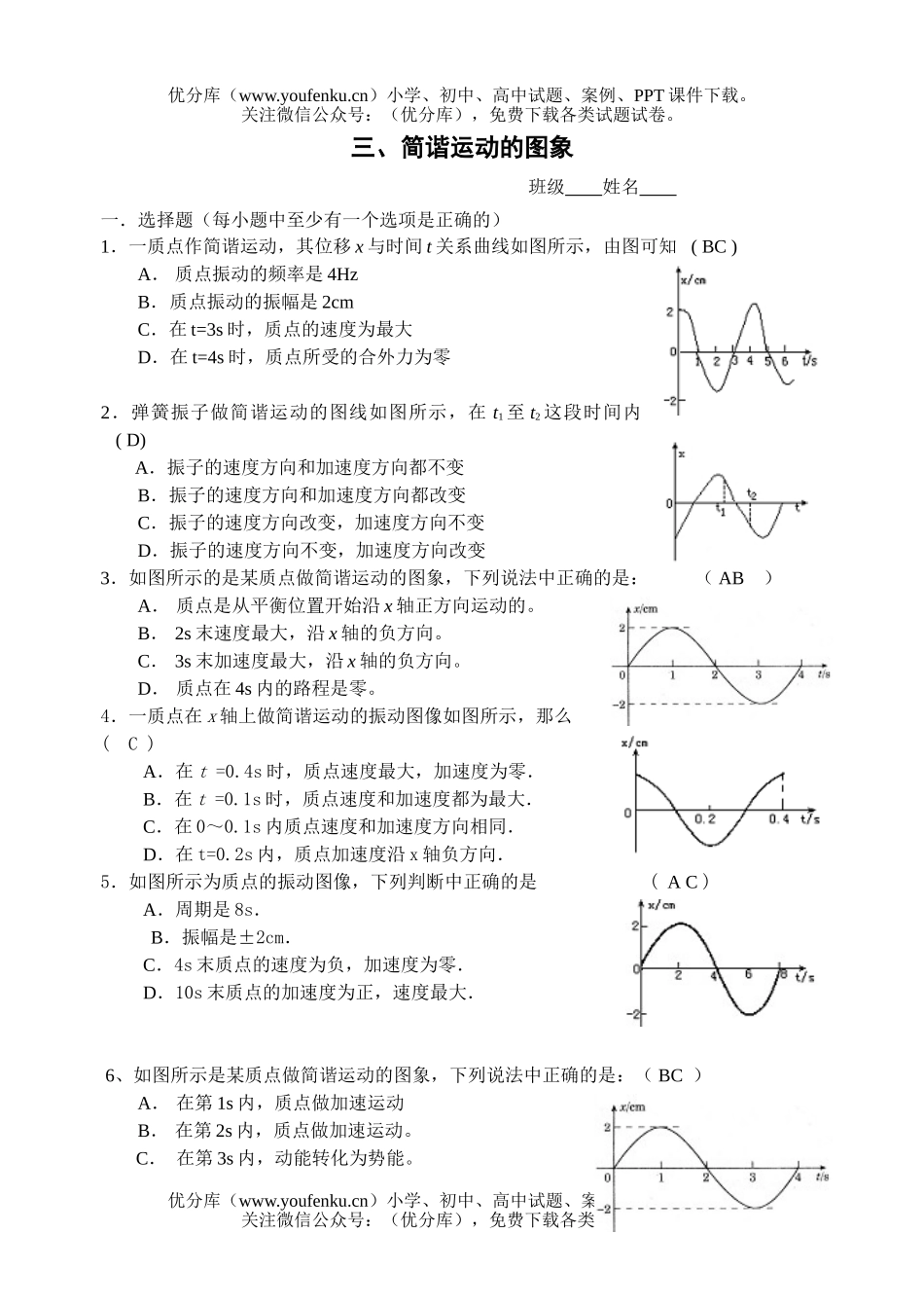 高中一年级物理简谐运动的图象测试卷_第1页