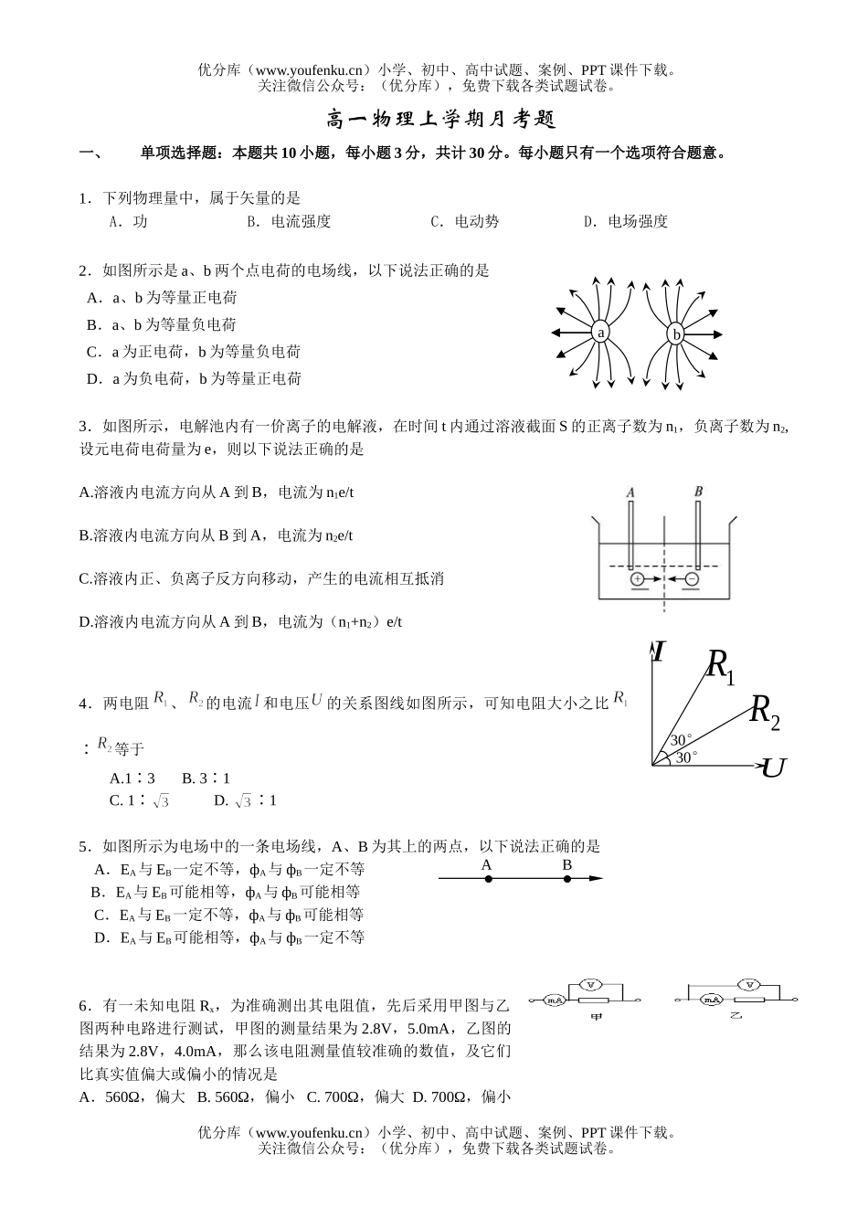 高中一年级物理上学期月考题试卷_第1页