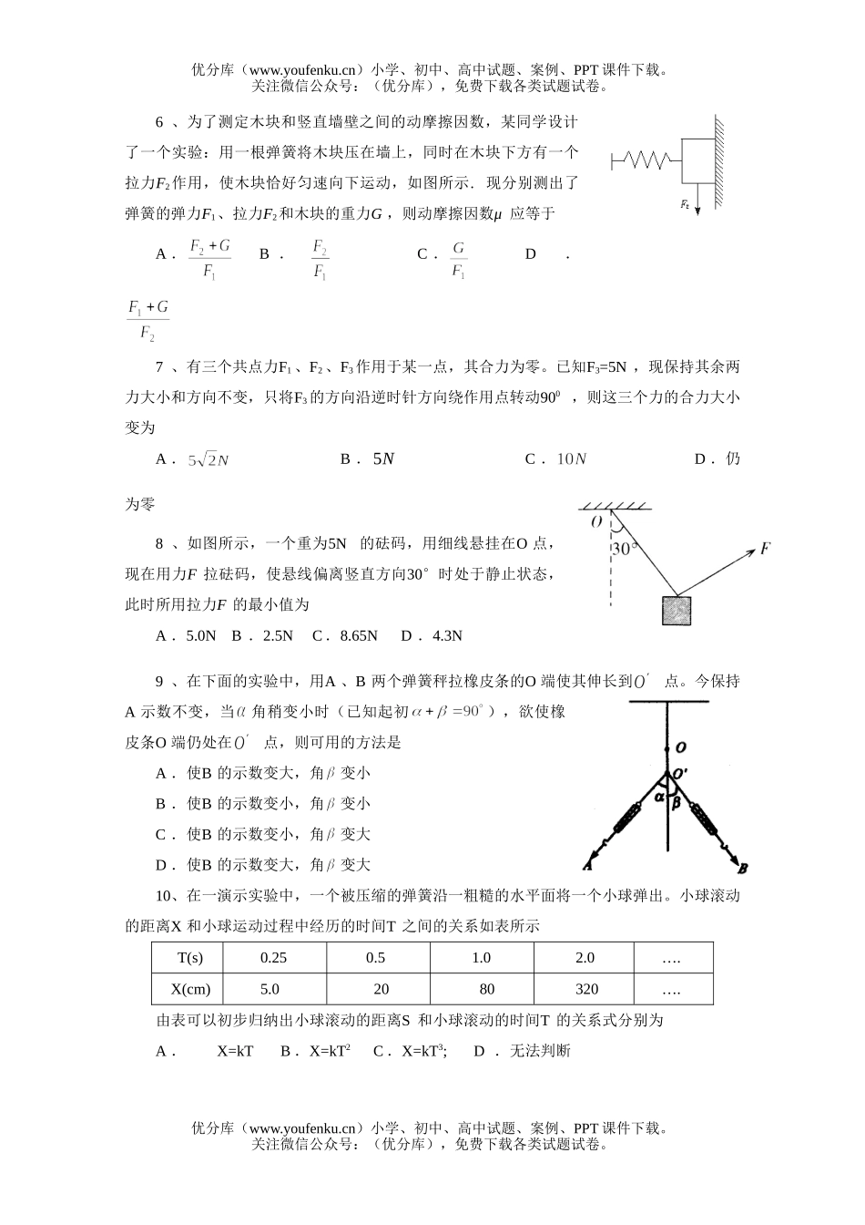 高中一年级物理第一学期期中调研测试2试卷_第1页